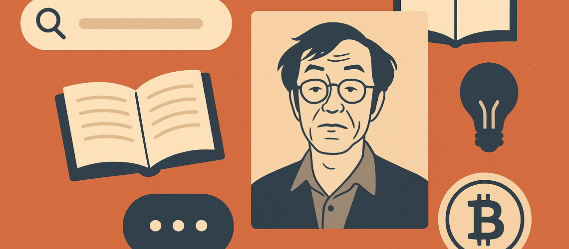 Saiba mais sobre Satoshi Nakamoto “Ilustração digital em tons de laranja e bege representando Satoshi Nakamoto, o criador do Bitcoin. No centro, há um retrato estilizado de um homem de óculos. Ao redor, aparecem ícones de livro aberto, lâmpada, símbolo do Bitcoin, balão de diálogo e barra de pesquisa, simbolizando conhecimento, tecnologia e aprendizado.”