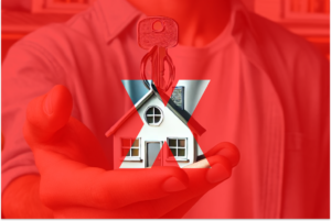 Imagem de uma pessoa segurando as chaves de uma casa e um "X" vermelho ao centro, representando Crédito imobiliário Caixa fica congelado por falta de recursos