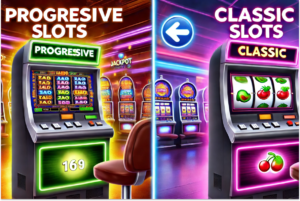 Imagem de duas máquinas representando os Slots Progressivos vs. Slots Clássicos