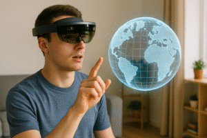Imagem de um homem com óculos de realidade virtual olhando para um globo virtual representando o que é Realidade aumentada