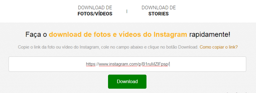 Colar link de post do Instagram para baixar fotos, vídeos e stories