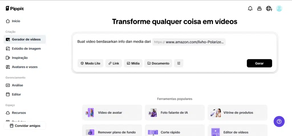 criar vídeo com Pippit