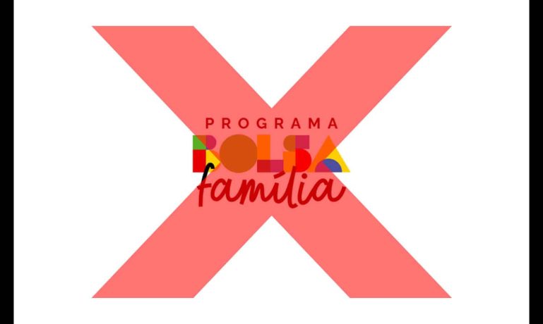 Imagem da logo do bolsa família e um "x" vermelho representando que o Pix cancela Bolsa Família