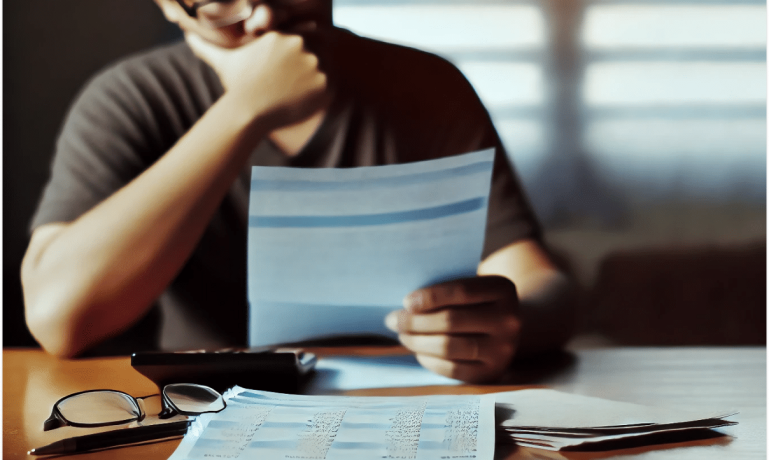 Imagem de uma pessoa sentada à mesa, analisando documentos financeiros com expressão pensativa e preocupada. O ambiente é simples, com papéis, contas e uma calculadora sobre a mesa, representando a realidade de alguém lidando com dívidas e buscando soluções. A imagem transmite o conceito da Lei do Superendividamento no Brasil, que oferece suporte para pessoas em situação de endividamento, destacando a importância do alívio e da orientação financeira.