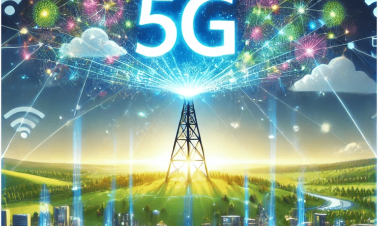 Imagem de uma torre espalhando o sinal 5g representando que o Sinal de 5G chegará a todos os municípios