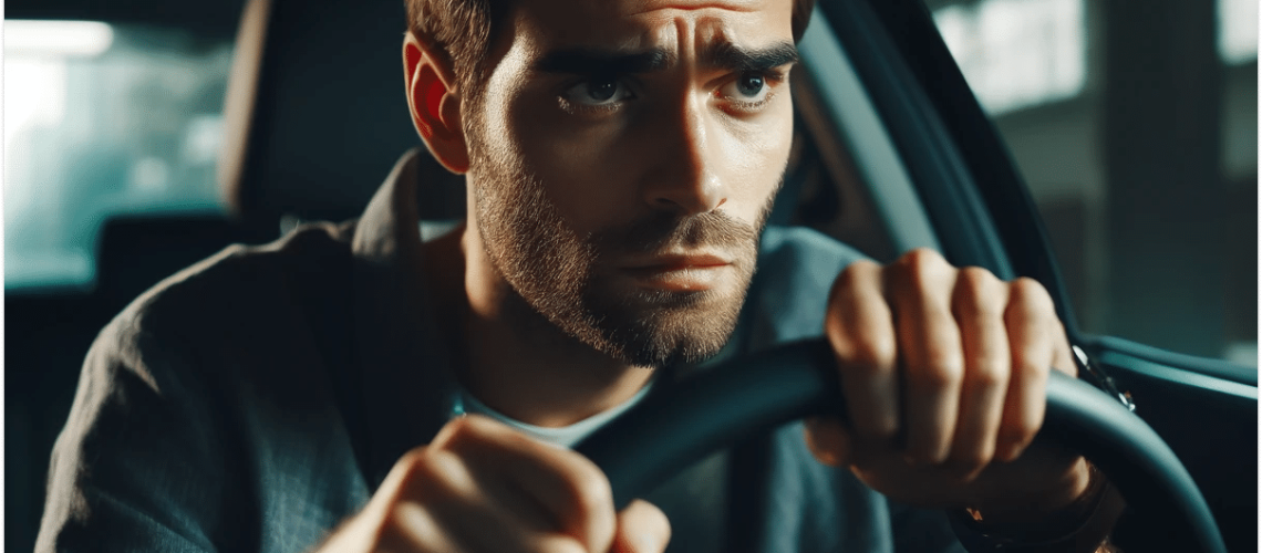 Homem dirigindo e preocupado pois está com o IPVA vencido