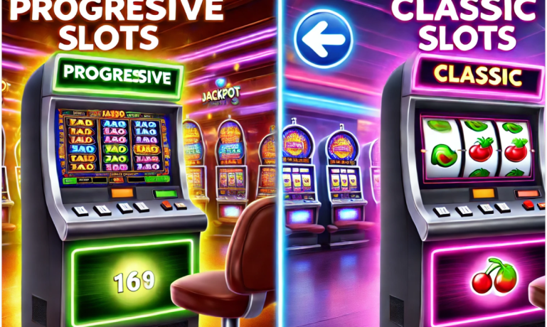 Imagem de duas máquinas representando os Slots Progressivos vs. Slots Clássicos