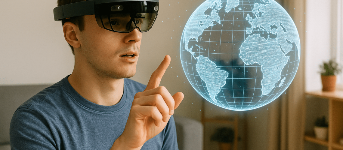 Imagem de um homem com óculos de realidade virtual olhando para um globo virtual representando o que é Realidade aumentada