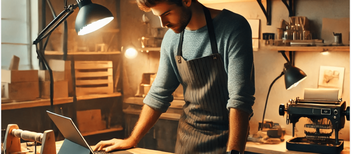 Imagem de um microempreendedor individual (MEI) trabalhando em um ambiente aconchegante, representando o tema 'Quais são os direitos do MEI?'. A cena mostra o empresário organizando documentos e usando um laptop, simbolizando os direitos e benefícios que o MEI possui, como previdência e suporte para pequenos negócios. O ambiente é iluminado e organizado, reforçando a importância do trabalho autônomo com direitos garantidos.