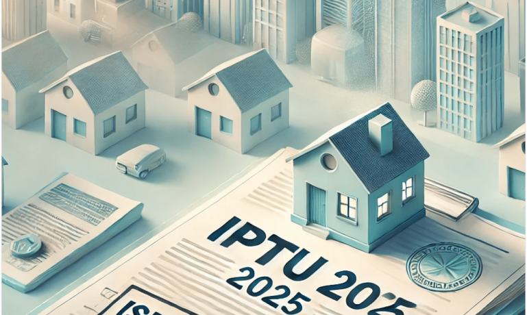 Imagem de casas em 3d sob um documento, representando como conseguir isenção do IPTU 2025