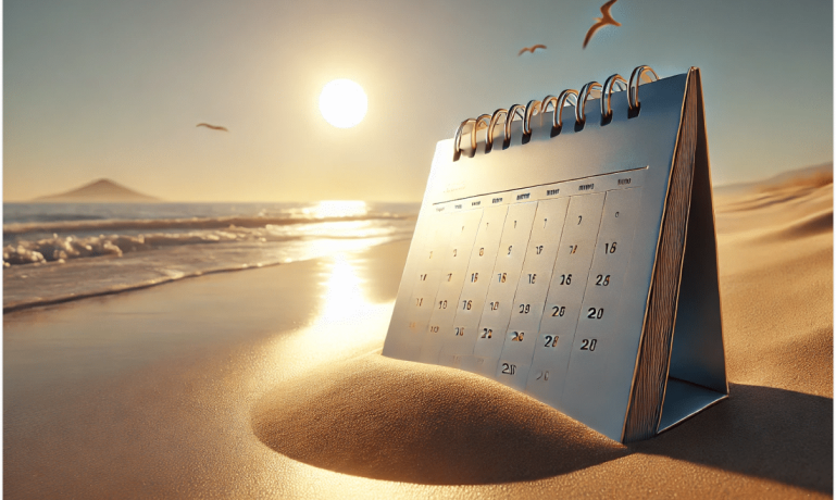 Imagem de uma calendário enterrado na areia da praia representando quais os próximos feriados de 2024