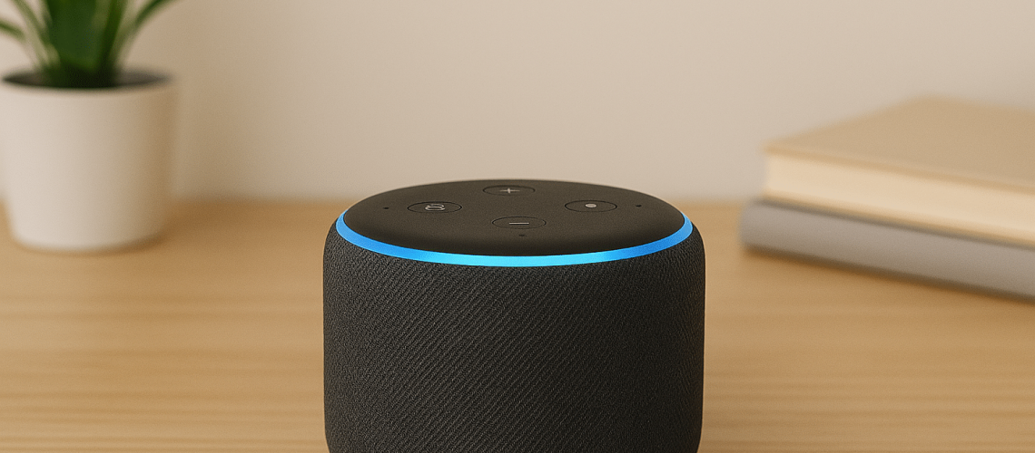 Um alto-falante inteligente Amazon Echo, cilíndrico e coberto por tecido cinza-escuro, está sobre uma mesa de madeira clara. O dispositivo exibe um aro de luz azul aceso na parte superior, que também contém quatro botões. Ao fundo, desfocados, aparecem um vaso com planta verde e dois livros empilhados, compondo um ambiente doméstico moderno e minimalista.