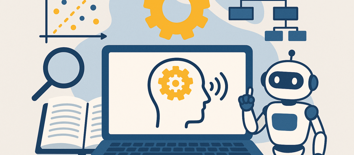 Ilustração em estilo flat mostrando conceitos de aprendizado de máquina: no centro, um laptop exibe o contorno de uma cabeça humana com uma engrenagem dentro, simbolizando pensamento e processamento. Ao lado direito, há um robô simpático apontando para cima. Em volta do laptop estão ícones representando dados e tecnologia: um gráfico de dispersão, uma engrenagem amarela, um fluxograma, uma lupa e um livro aberto. O fundo é em tons suaves de azul e bege, transmitindo modernidade e tecnologia.