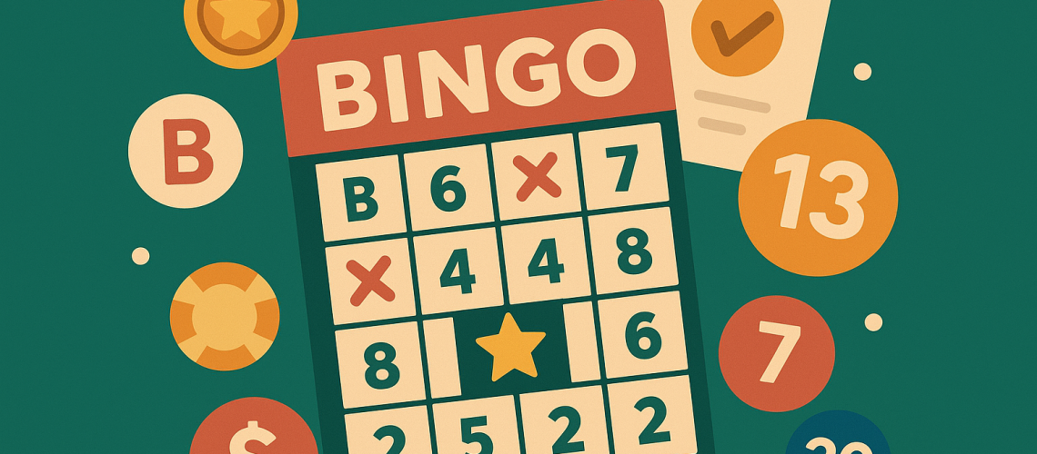 Texto alternativo: Ilustração digital em estilo flat, com fundo verde, representando um jogo de Bingo. No centro, há uma cartela inclinada com o título “BINGO” no topo e números distribuídos nas casas, algumas marcadas com “X” e a central destacada com uma estrela amarela. Ao redor da cartela aparecem bolas de bingo com números (como 7, 13 e 20), uma ficha dourada com estrela, símbolo de dólar, ficha de pôquer e um cartão com marca de verificação. A paleta de cores inclui verde, laranja, amarelo, azul e bege, transmitindo diversão e clima de jogo.