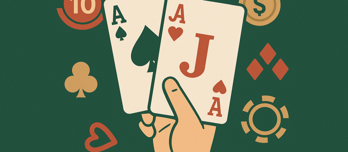 Ilustração digital em estilo flat mostrando o jogo de Blackjack. No centro, uma mão segura duas cartas: o Ás de Espadas e o Valete de Copas, formando a jogada “blackjack”. O fundo é verde, remetendo às mesas de cassino. Ao redor, aparecem fichas de pôquer, símbolos de naipes (copas, paus e ouros) e ícones relacionados a apostas, como uma ficha dourada com símbolo de dólar. A paleta de cores combina verde, vermelho, dourado e tons neutros, transmitindo o clima clássico de jogos de cartas em cassino.