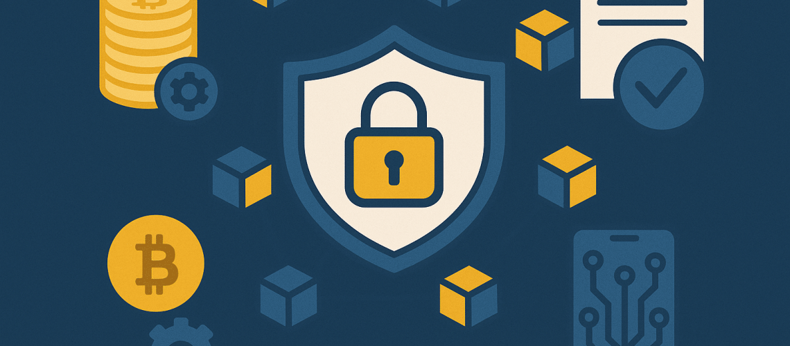 Ilustração digital em estilo flat com fundo azul escuro representando o conceito de blockchain. No centro, há um grande escudo com um cadeado amarelo, simbolizando segurança. O escudo está conectado a vários cubos 3D interligados, representando os blocos da cadeia. Ao redor, aparecem ícones relacionados: moedas de Bitcoin empilhadas, símbolo do Bitcoin em amarelo, uma engrenagem, um documento com selo de verificação e um smartphone exibindo um circuito eletrônico. A paleta de cores combina azul, amarelo e bege, transmitindo modernidade e confiança tecnológica.