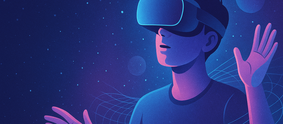 Ilustração de uma pessoa com um óculos de realidade aumentada representando o que é Realidade virtual