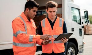 funcionários de transportadoras conversando sobre KPIs de Gestão de Frotas