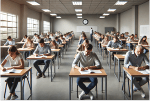 Imagem de uma sala de aula onde estudantes adultos realizam uma prova de concurso público, ilustrando o contexto da questão 'Quem não votou pode fazer concurso?'. A sala está organizada com filas de mesas e cadeiras, com um ambiente sério e neutro. Os participantes, de diferentes idades, estão concentrados em seus papéis de exame, destacando a diversidade de pessoas que buscam oportunidades em concursos, independentemente de suas obrigações eleitorais.