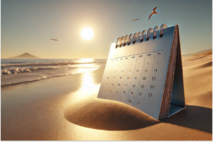 Imagem de uma calendário enterrado na areia da praia representando quais os próximos feriados de 2024