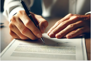 Pessoa assinando um documento em uma mesa de escritório, representando o processo de obtenção de escritura de imóvel gratuita.