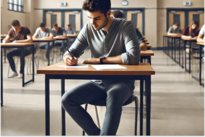 Imagem de um jovem sentado em uma sala de provas, concentrado enquanto realiza uma avaliação de concurso público, refletindo a dúvida 'Quem não se alistou pode fazer concurso público?'. O ambiente é profissional e bem iluminado, com paredes neutras, um relógio de parede e mesas organizadas, cada uma com folhas de prova e material de escrita. Outros candidatos aparecem ao fundo, criando um cenário de seriedade e dedicação típicos de um exame público.