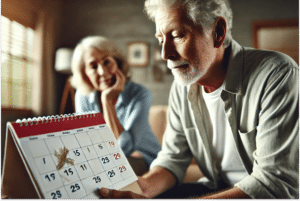 Imagem de um aposentado em uma sala, observando um calendário com expressão reflexiva, ilustrando o tema 'Como calcular tempo de aposentadoria?'. A cena sugere um momento de planejamento, com o calendário em destaque marcando datas importantes. O aposentado, vestido de forma casual, está em um ambiente tranquilo e bem iluminado, transmitindo uma sensação de preparação e consideração sobre o tempo de aposentadoria.