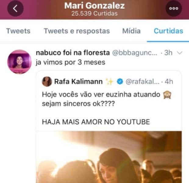 Mari Gonzalez curte comentário criticando Rafa Kalimann