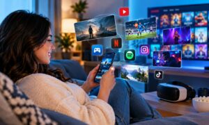 mulher acessando celular streaming filmes games netflix
