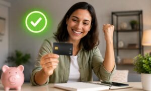 mulher vibrando com crédito aprovado no cartão de crédito