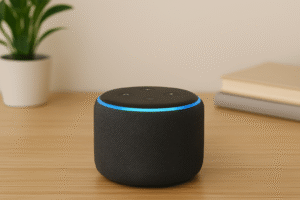 Um alto-falante inteligente Amazon Echo, cilíndrico e coberto por tecido cinza-escuro, está sobre uma mesa de madeira clara. O dispositivo exibe um aro de luz azul aceso na parte superior, que também contém quatro botões. Ao fundo, desfocados, aparecem um vaso com planta verde e dois livros empilhados, compondo um ambiente doméstico moderno e minimalista.