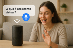 Uma mulher jovem de cabelos castanhos longos está sentada em uma sala iluminada, sorrindo e interagindo com um dispositivo de assistente virtual em formato de cilindro preto sobre a mesa. Ela levanta a mão em gesto de fala, enquanto um balão digital na imagem exibe o texto “O que é assistente virtual?” com ícone de microfone. Ao fundo, há sofá e prateleiras com plantas decorativas, compondo um ambiente moderno e aconchegante.