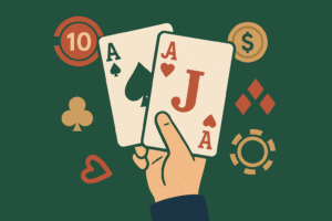 Ilustração digital em estilo flat mostrando o jogo de Blackjack. No centro, uma mão segura duas cartas: o Ás de Espadas e o Valete de Copas, formando a jogada “blackjack”. O fundo é verde, remetendo às mesas de cassino. Ao redor, aparecem fichas de pôquer, símbolos de naipes (copas, paus e ouros) e ícones relacionados a apostas, como uma ficha dourada com símbolo de dólar. A paleta de cores combina verde, vermelho, dourado e tons neutros, transmitindo o clima clássico de jogos de cartas em cassino.