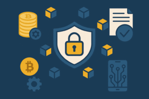 Ilustração digital em estilo flat com fundo azul escuro representando o conceito de blockchain. No centro, há um grande escudo com um cadeado amarelo, simbolizando segurança. O escudo está conectado a vários cubos 3D interligados, representando os blocos da cadeia. Ao redor, aparecem ícones relacionados: moedas de Bitcoin empilhadas, símbolo do Bitcoin em amarelo, uma engrenagem, um documento com selo de verificação e um smartphone exibindo um circuito eletrônico. A paleta de cores combina azul, amarelo e bege, transmitindo modernidade e confiança tecnológica.