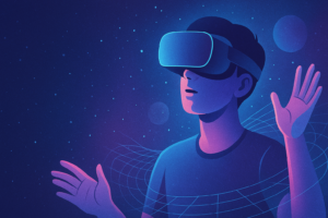 Ilustração de uma pessoa com um óculos de realidade aumentada representando o que é Realidade virtual