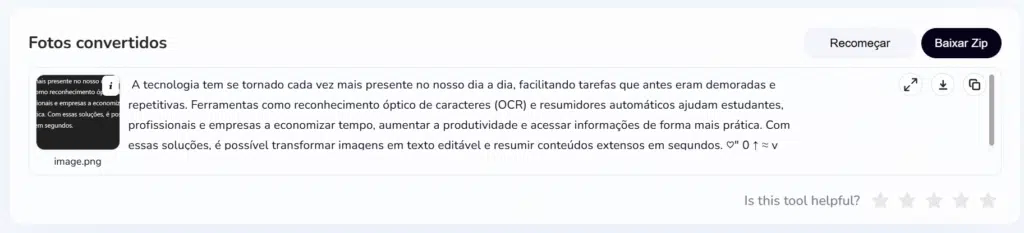 resultado da transformação de texto nas imagens em textos editáveis