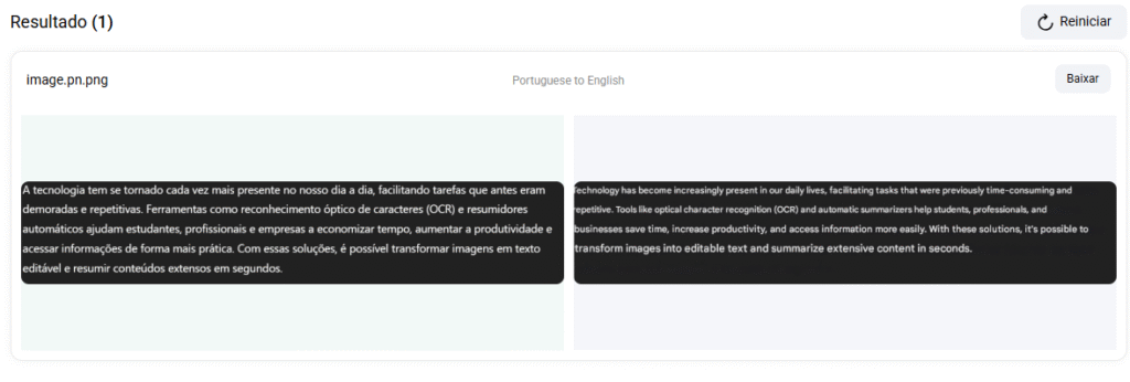 resultado da tradução de texto em imagens 