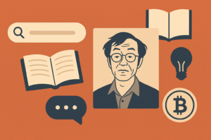 “Ilustração digital em tons de laranja e bege representando Satoshi Nakamoto, o criador do Bitcoin. No centro, há um retrato estilizado de um homem de óculos. Ao redor, aparecem ícones de livro aberto, lâmpada, símbolo do Bitcoin, balão de diálogo e barra de pesquisa, simbolizando conhecimento, tecnologia e aprendizado.”