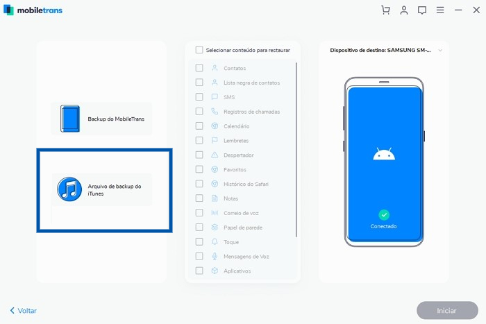 Wondershare MobileTrans - arquivo de backup do iTunes