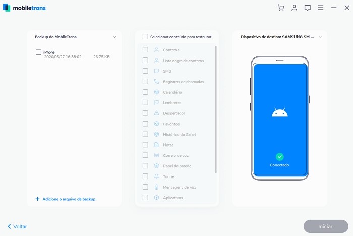 Wondershare MobileTrans - conectando celular de destino