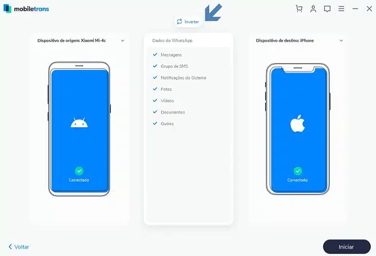 Wondershare MobileTrans - inverter celular origem e destino