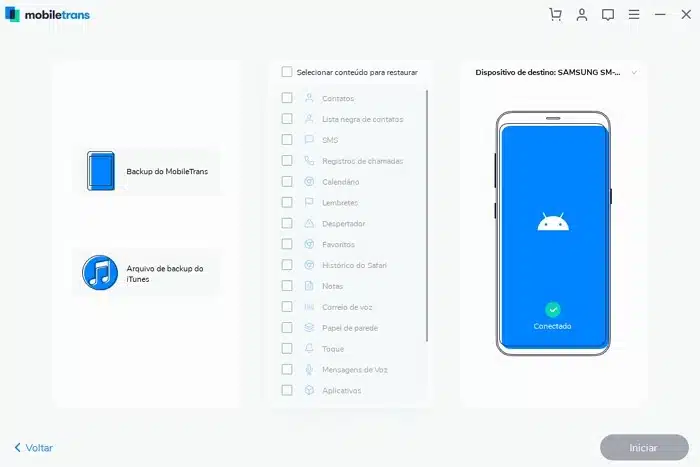 Wondershare MobileTrans - selecionar arquivos para backup