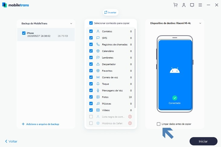 Wondershare MobileTrans - selecionar arquivos para copiar e marcar "Limpar dados antes da cópia"