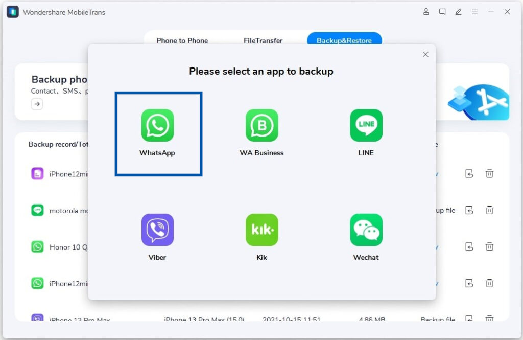 Wondershare MobileTrans - transferência de mensagens do WhatsApp